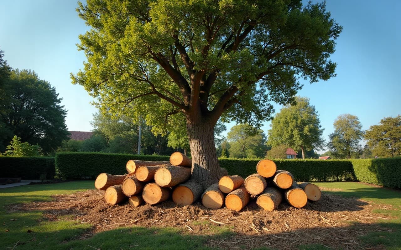 Zone de chantier d'abattage balisée et sécurisée avant découpe, équipement de protection au sol