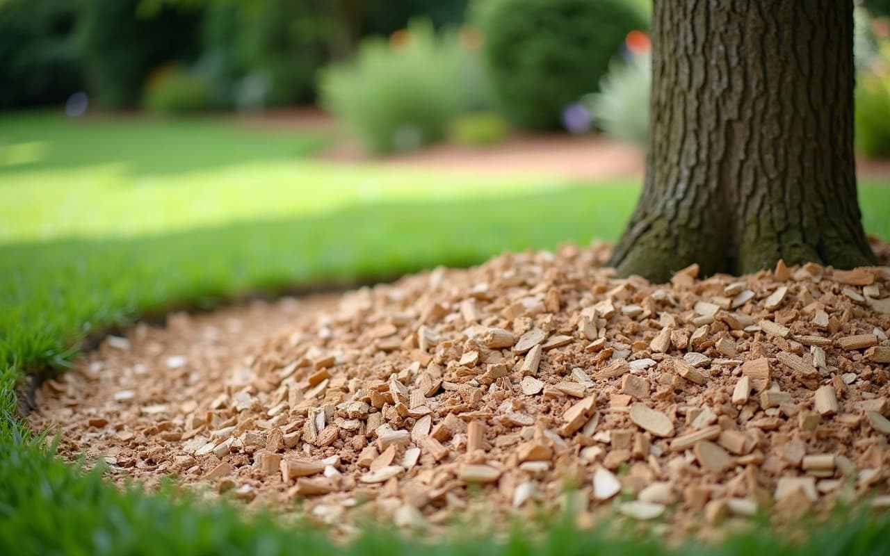 Tas de plaquettes de bois fraîchement broyées prêtes pour le paillage dans un jardin à Caen