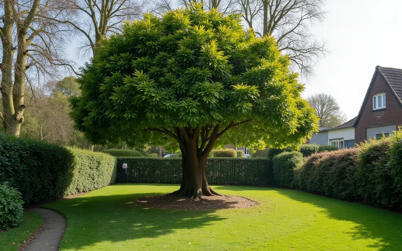 Élagueur grimpeur en train de tailler la couronne d'un grand arbre dans un jardin à Caen