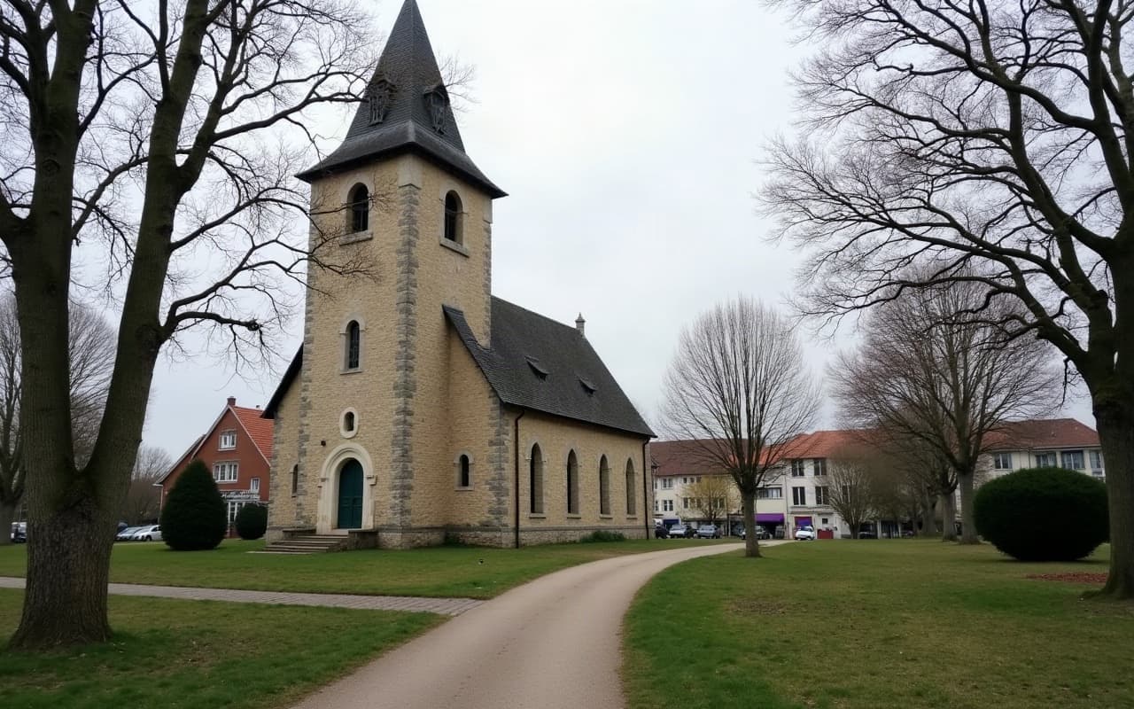 Église romane Notre-Dame de Biéville-Beuville, clocher reconstruit après les combats de juin 1944, au milieu d'arbres du bourg