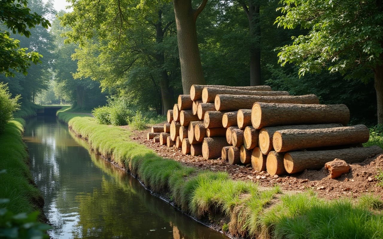 Arbre débité en tronçons après un abattage sécurisé en bord de canal à Blainville-sur-Orne