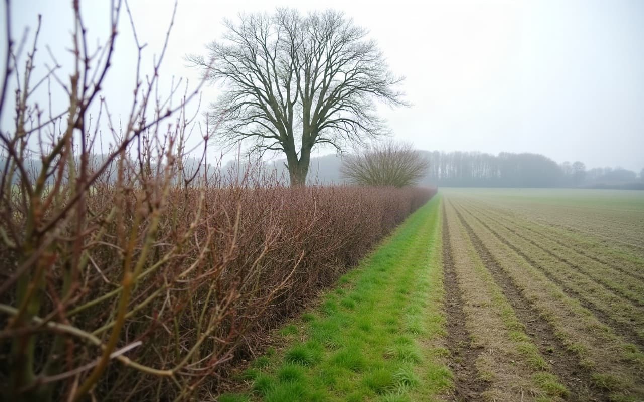 Taille d'une haie bocagère en limite de deux parcelles agricoles sur le plateau de Bourguébus