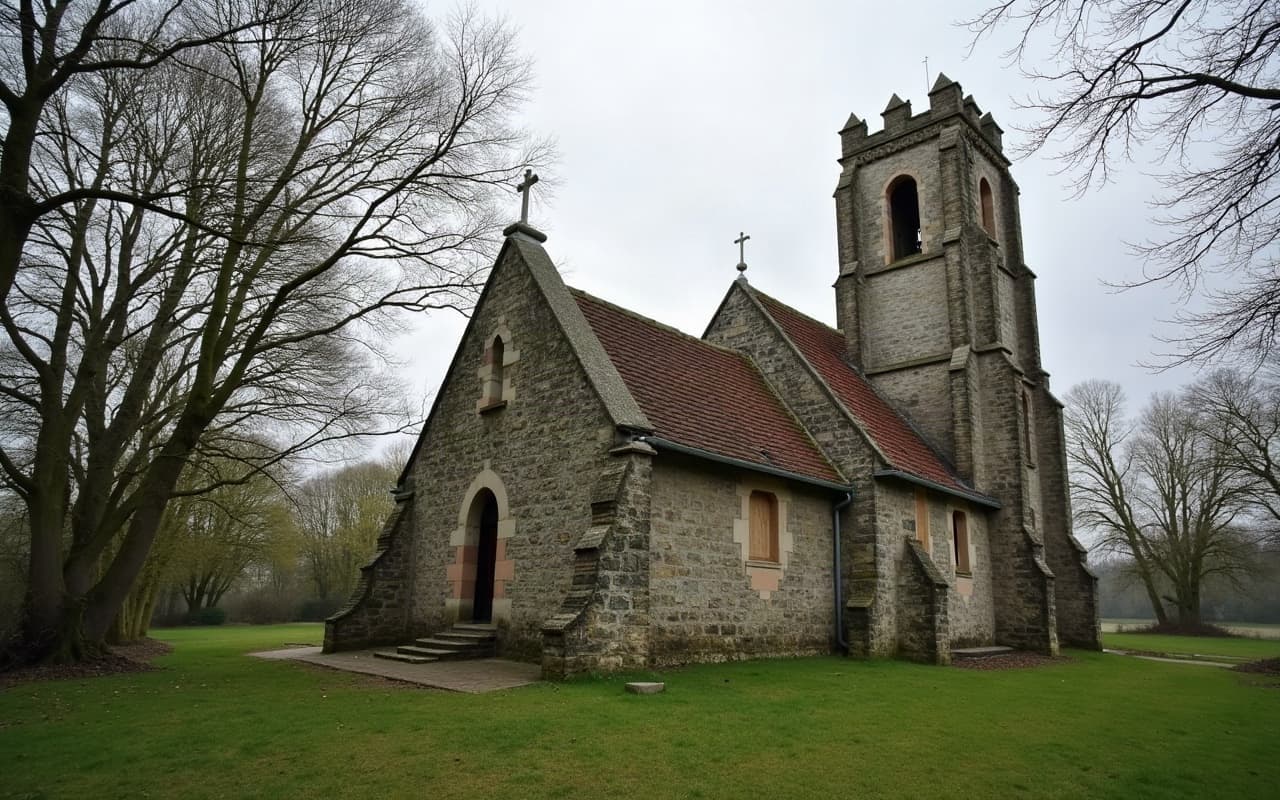 Ruines du clocher en bâtière de l'ancienne église Notre-Dame de Bretteville-sur-Odon, seul vestige classé monument historique