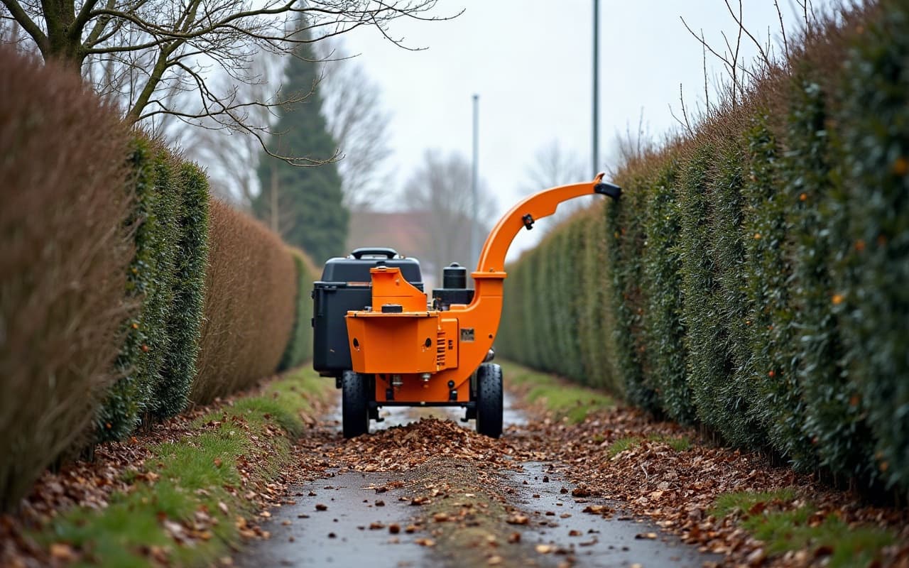 Broyeur de végétaux en action sur des branches de haie taillée à Cormelles-le-Royal