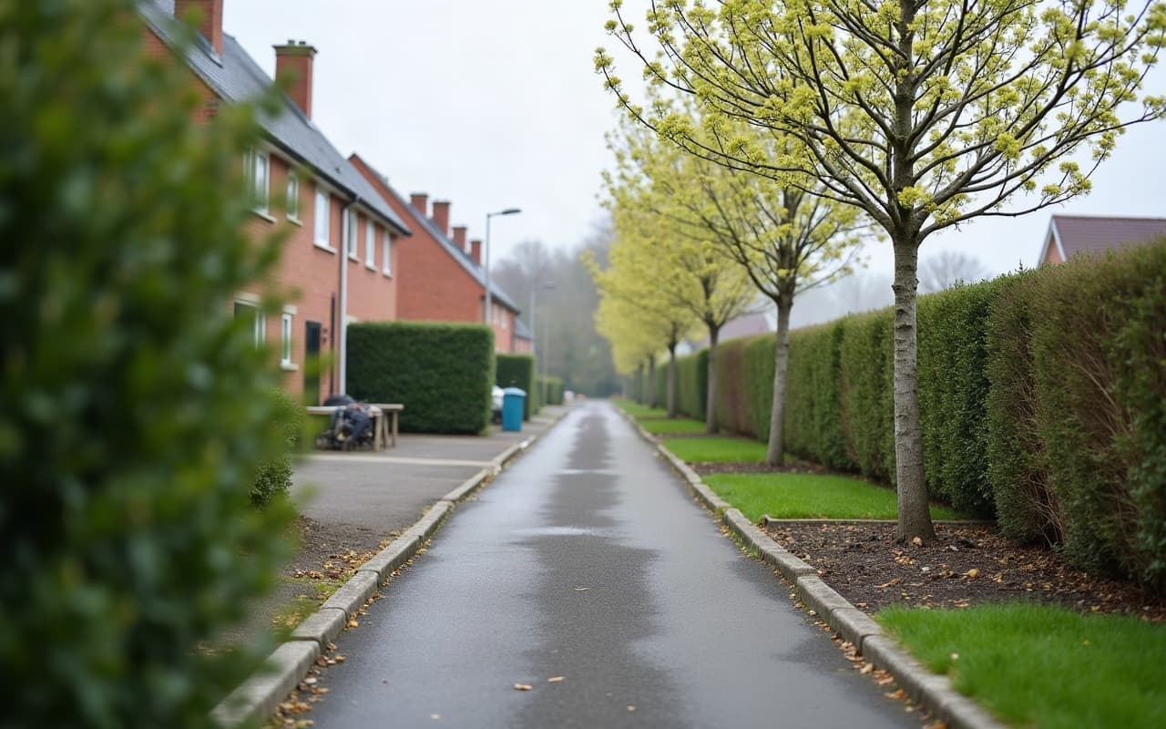 Taille de formation d'un jeune arbre en bordure d'allée dans un lotissement récent de Démouville