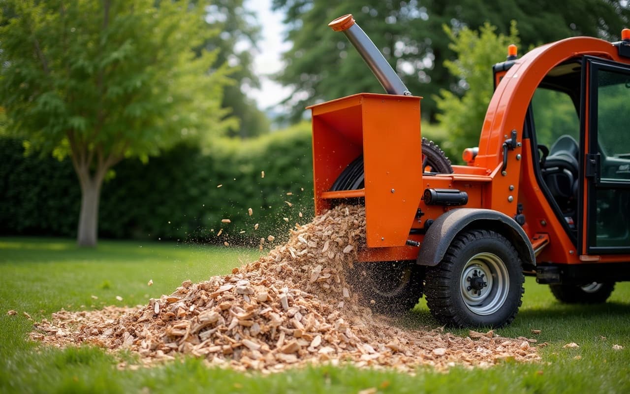 Broyeur de végétaux en action sur un tas de branches issues d'une taille de haie à Giberville
