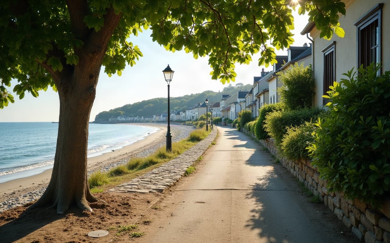 Front de mer de la plage d'Hermanville-sur-Mer sur la côte de Nacre, sable fin et digue en bordure de la Manche