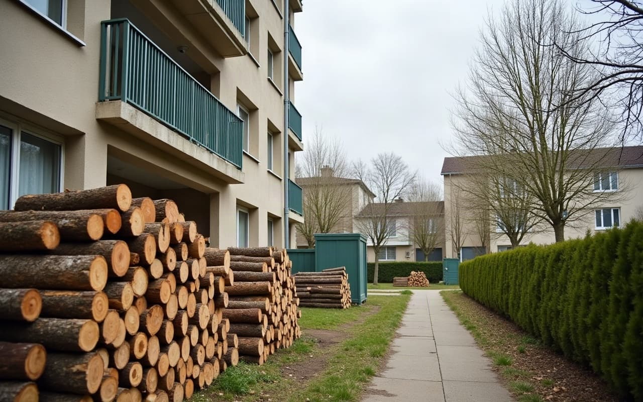 Bois issu d'un élagage débité et empilé au pied d'un immeuble à Hérouville-Saint-Clair