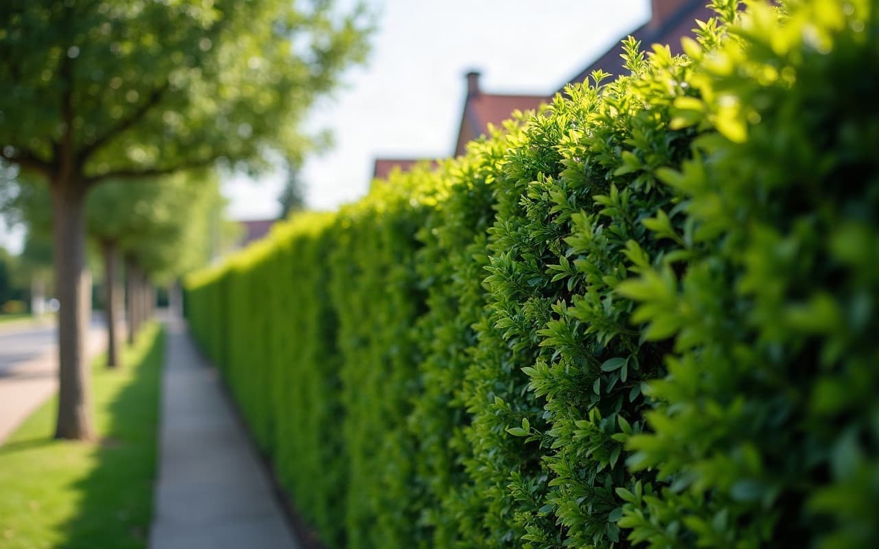 Haie de jardin taillée nette le long d'une clôture dans un lotissement à Ifs