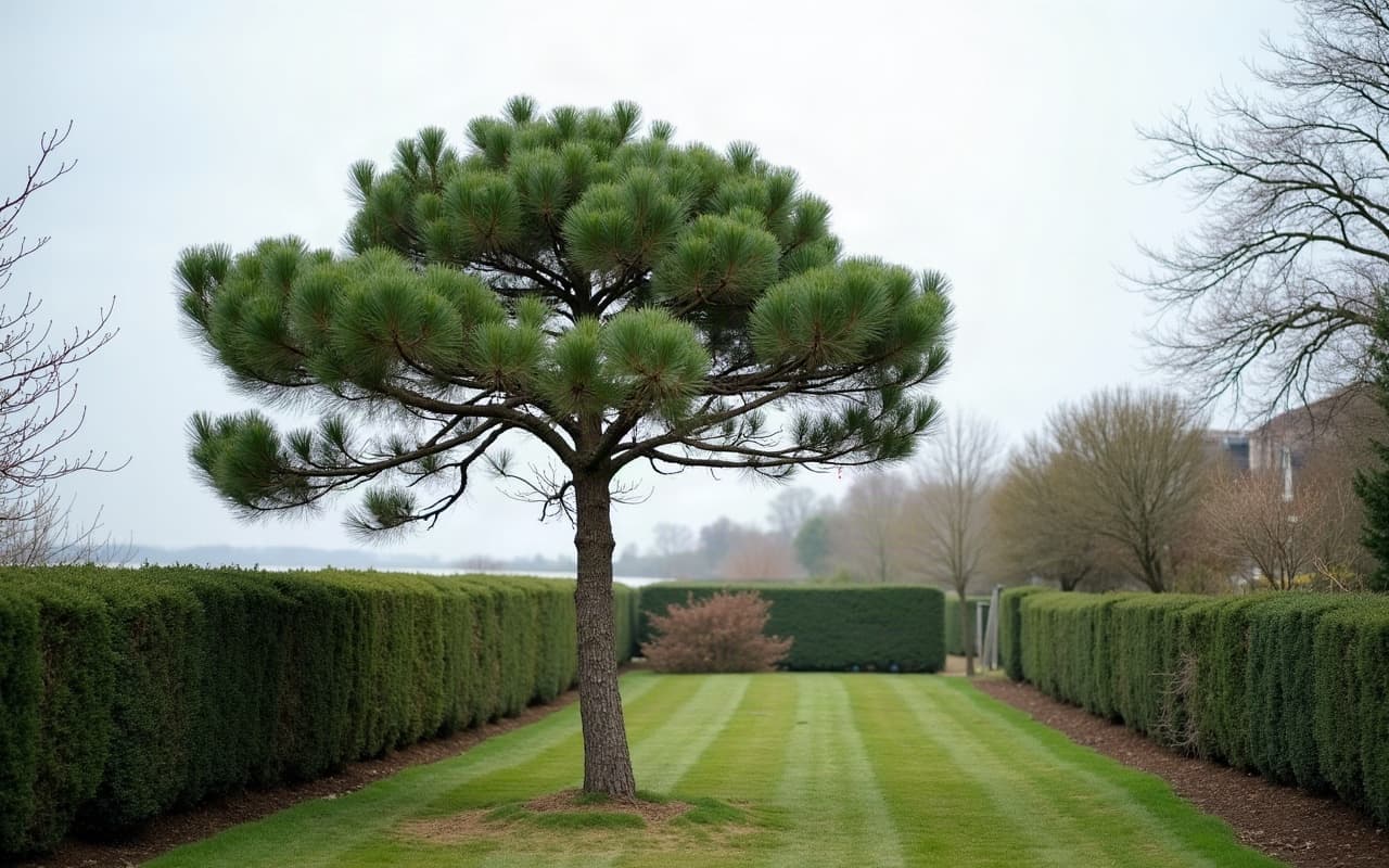 Pin maritime taillé et sécurisé dans un jardin du front de mer à Ouistreham