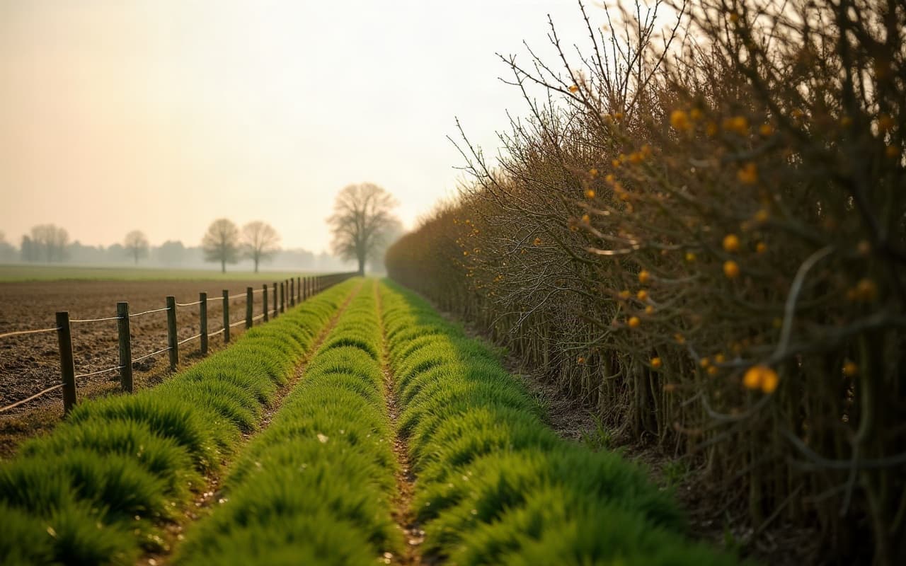 Taille d'une haie bocagère basse en limite de parcelle agricole aux abords de Troarn