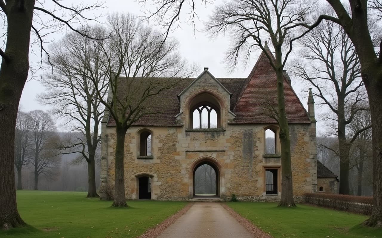 Ruines de l'ancienne abbaye Saint-Martin de Troarn, arcades de pierre romanes entourées d'arbres, en lisière de la vallée de la Dives