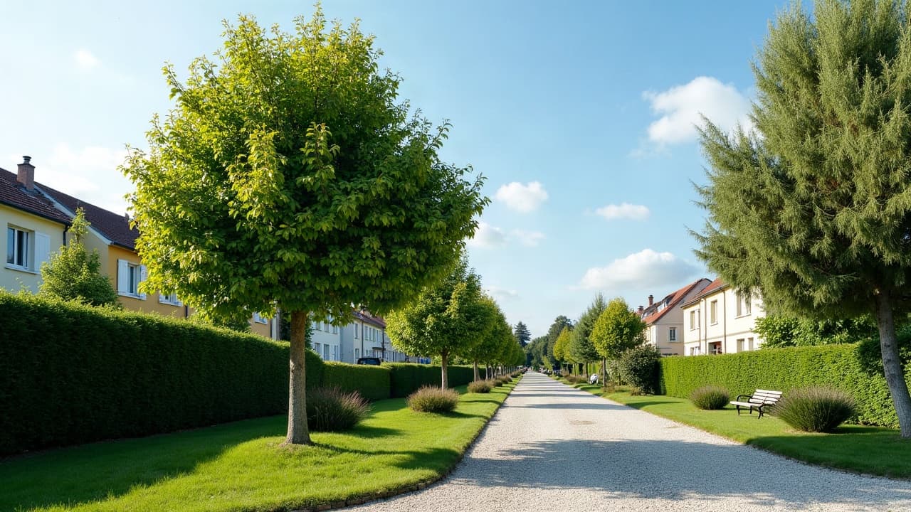 Feuillage dense d'un alignement d'arbres en bord de rue dans un quartier résidentiel de l'agglomération caennaise, fin d'après-midi