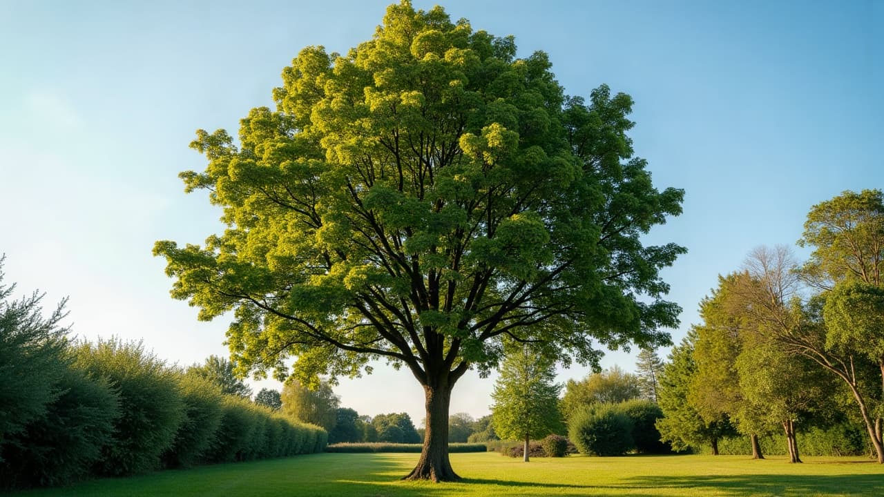 Broyeur récent en action au pied d'un arbre dans un jardin normand, copeaux de bois clair projetés dans une remorque nette