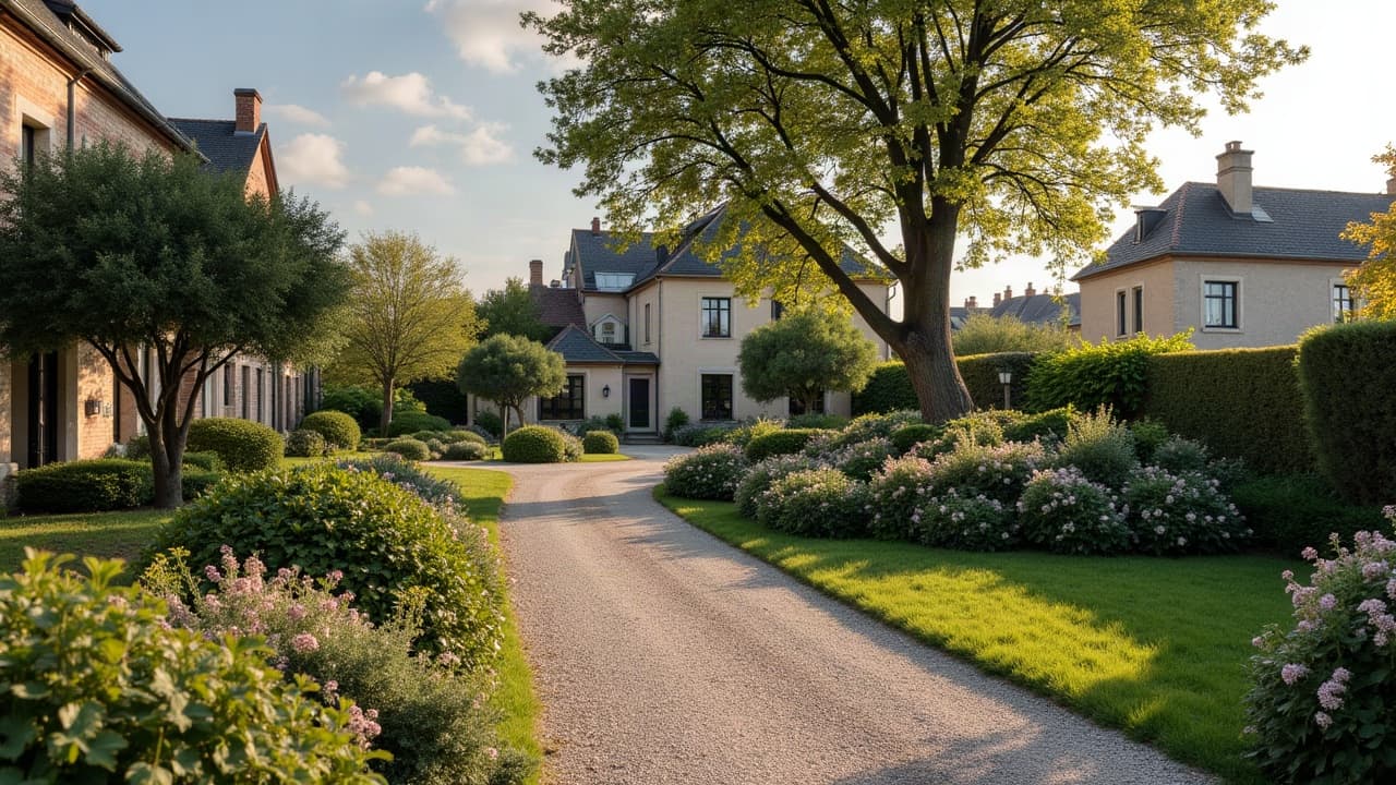 Terrain de jardin normand nettoyé après une intervention d'élagage, pelouse balayée sans branche au sol, fin d'après-midi ensoleillée
