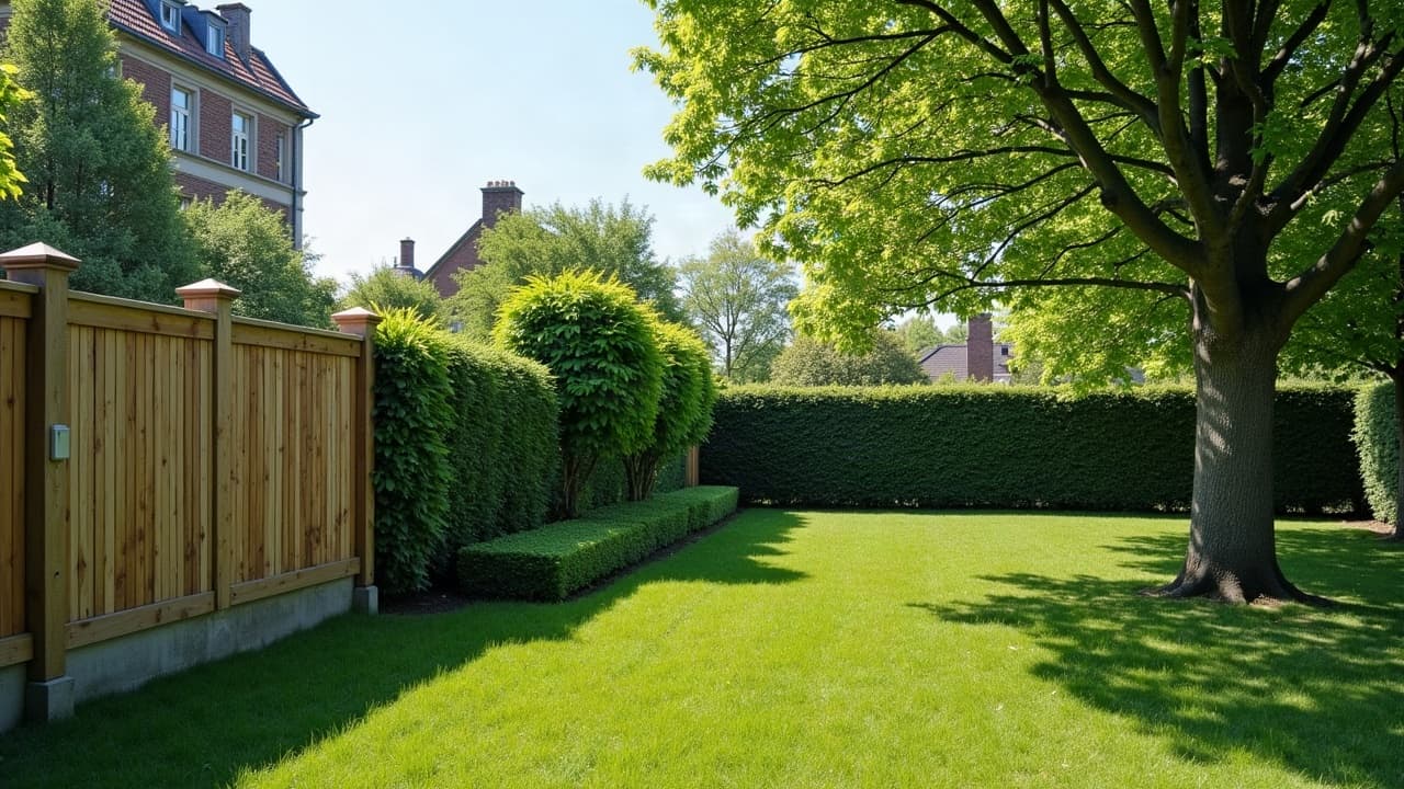 Limite de jardin normande marquée par un mur de clos ancien et une haie taillée au cordeau, lumière blanche de fin de matinée