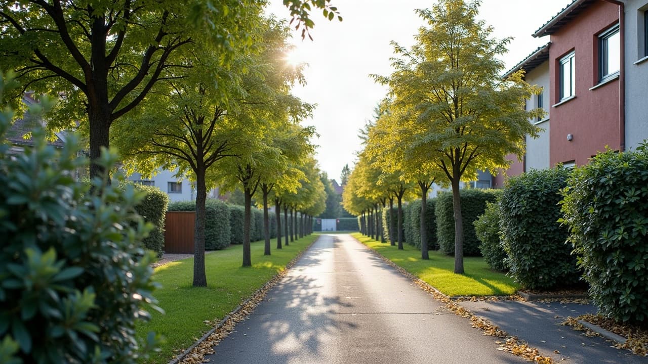 Grand arbre taillé en dégagement d'une ligne aérienne dans un jardin normand, silhouette équilibrée conservée malgré la contrainte du réseau