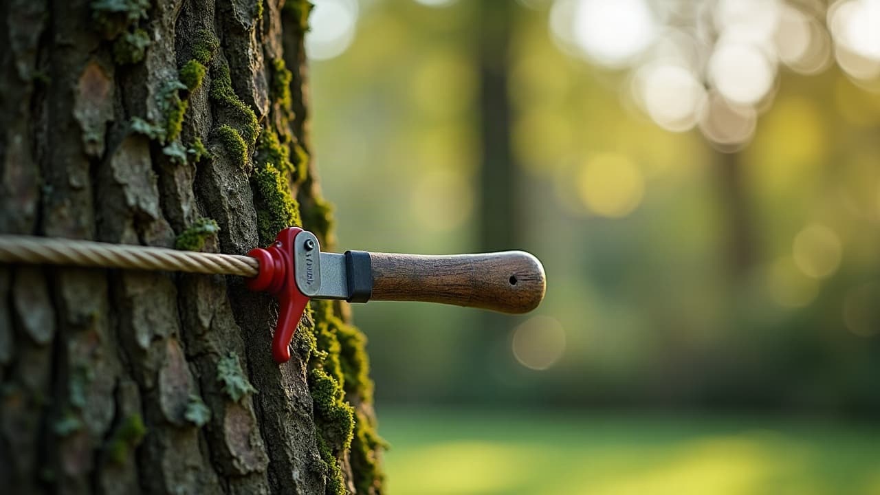 Élagueur travaillant depuis une nacelle élévatrice positionnée en bordure d'un jardin normand, arbre d'alignement dégagé, ciel voilé
