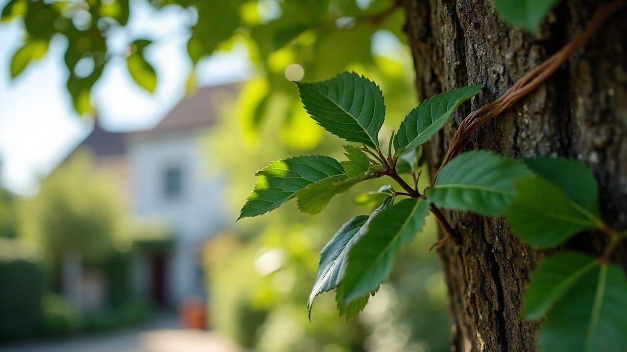 Grimpeur élagueur encordé progressant dans la charpente d'un arbre adulte, une seule main visible, jardin clos de l'agglomération caennaise
