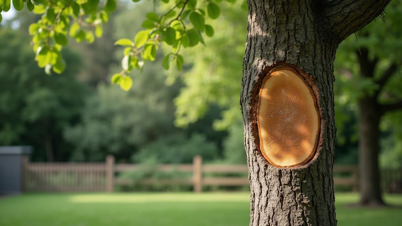 Silhouette équilibrée d'un arbre adulte réduit par une taille douce dans un jardin normand, charpente naturelle conservée, ciel voilé
