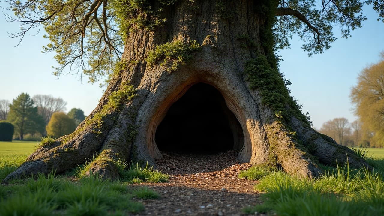 Base de tronc d'un arbre avec léger soulèvement de terre visible d'un côté, jardin normand après une période de pluie, lumière voilée