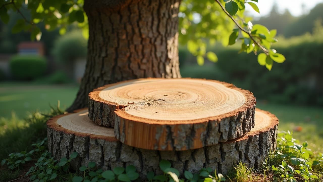 Zone de jardin normand après rognage de souche, terre nivelée et broyat évacué, prête pour un engazonnement, lumière de fin d'après-midi
