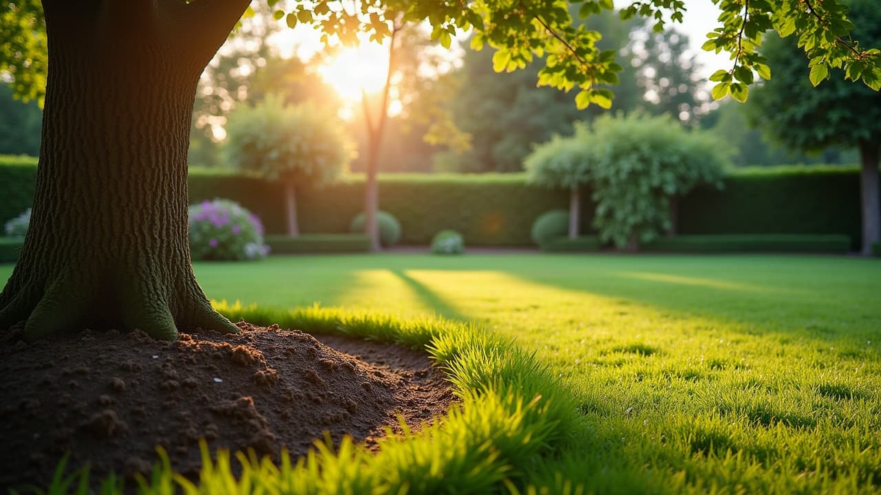 Fosse dégagée après extraction complète d'une souche dans un jardin de l'agglomération caennaise, terre nivelée prête à combler