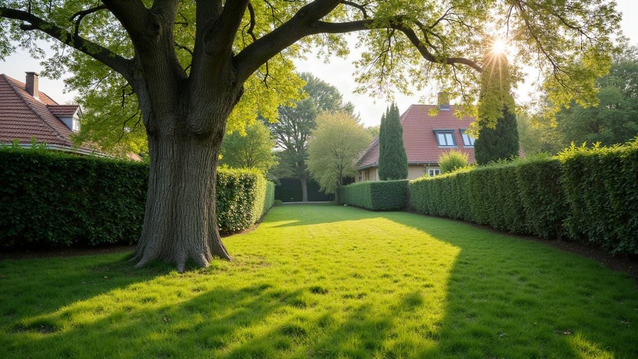 Haie de troène taillée au cordeau dans un jardin de l'agglomération caennaise, faces planes et arêtes nettes, lumière blanche de matinée